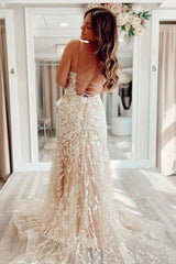 Backless 2025 Lace Long Prom Dress Champagne Square Graduation Dress Mermaid