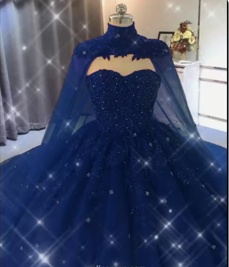 Ball Gown 2025 Navy Blue Tulle Lace Crystals Quinceanera Dresses With Cape MyChicDress