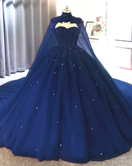 Ball Gown 2025 Navy Blue Tulle Lace Crystals Quinceanera Dresses With Cape MyChicDress