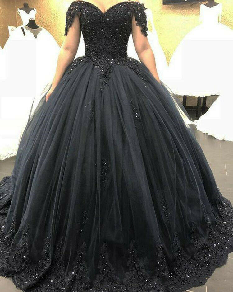 Ball Gown Black Gothic Wedding Dresses Lace Appliques Beaded Off the Shoulder MyChicDress