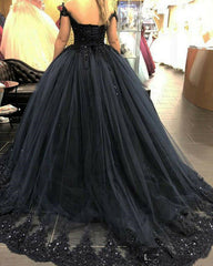 Ball Gown Black Gothic Wedding Dresses Lace Appliques Beaded Off the Shoulder MyChicDress