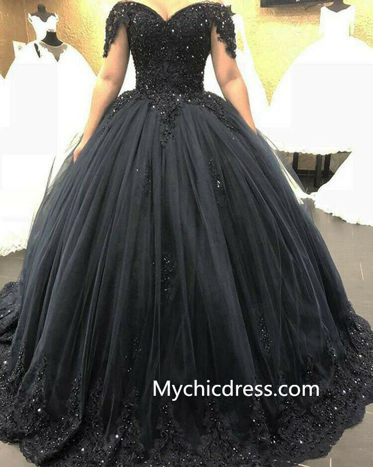 Ball Gown Black Gothic Wedding Dresses Lace Appliques Beaded Off the Shoulder MyChicDress