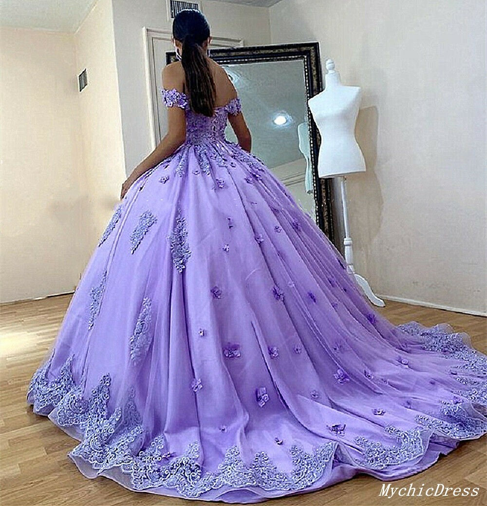 Ball Gown Lace Applique Lilac Quinceanera Dresses Off Shoulder Sweet 16 Dresses MyChicDress