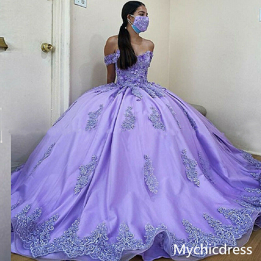 Ball Gown Lace Applique Lilac Quinceanera Dresses Off Shoulder Sweet 16 Dresses MyChicDress