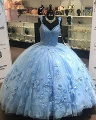 Ball Gown Light Blue Quinceanera Dresses 3D Flowers Lace Sweet 16 Dresses MyChicDress