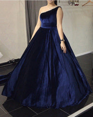 Ball Gown One Shoulder Velvet Navy Plus Size Prom Dresses with Beaded MyChicDress