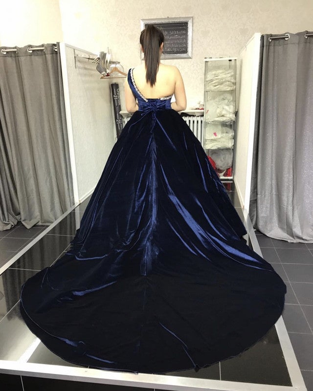 Ball Gown One Shoulder Velvet Navy Plus Size Prom Dresses with Beaded MyChicDress