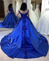 Off Shoulder Royal Blue Quinceanera Dresses Lace Satin Ball Gown 