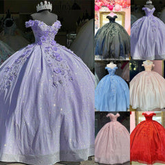 2025 Off the Shoulder Lavender Sweet 16 Sequin 3d Floral Quinceanera Dresses