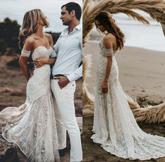 Beach Ivory Lace Wedding Dresses Long Mermaid Bridal Gown