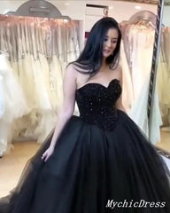 Black Ball Gown Wedding Dresses Sequin Tulle Sweetheart Bridal Gown MyChicDress