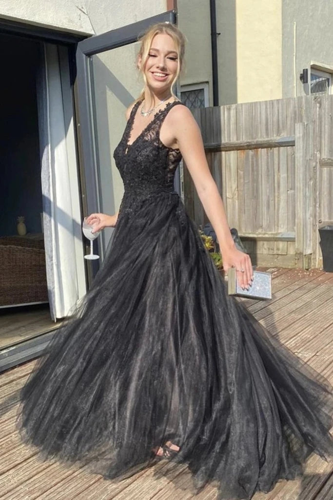 Black Lace Long PromDresses 2025 Tulle V Neck A Line Formal Dresses MyChicDress