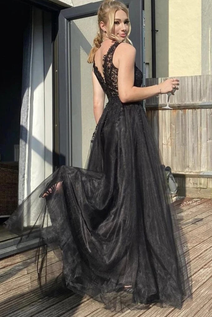 Black Lace Long PromDresses 2025 Tulle V Neck A Line Formal Dresses MyChicDress