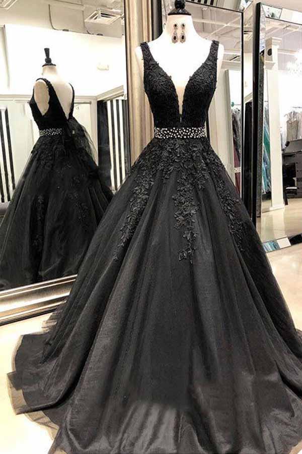 Sexy Sleeveless V Neck Lace Beading Black Long Prom Dress