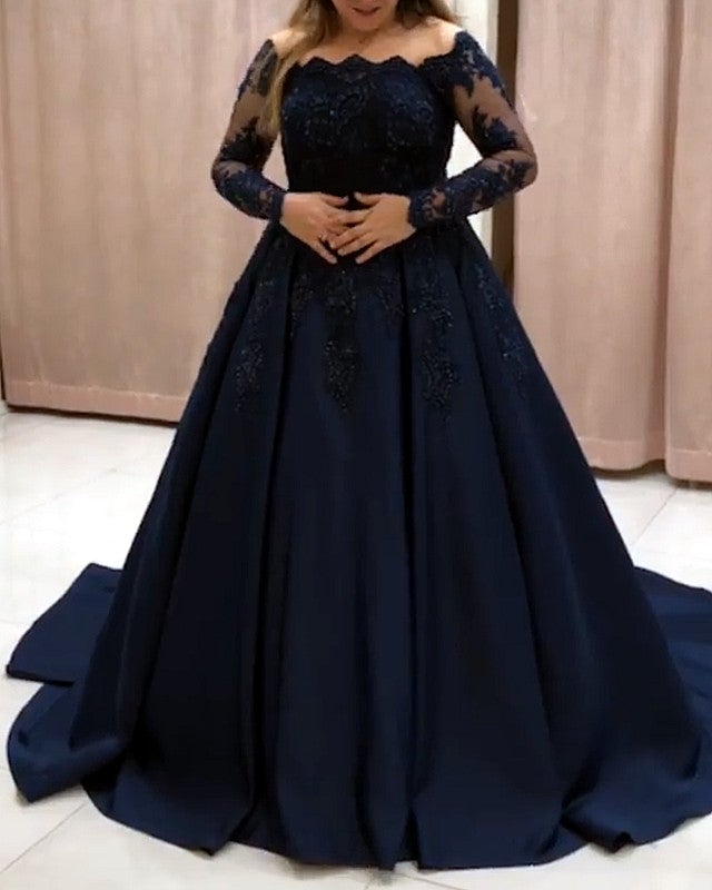 Black Long Sleeves Lace Prom Dresses Plus Size Satin Formal Evening Gown MyChicDress