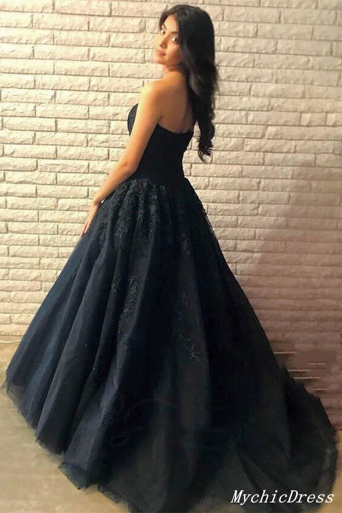 Black Prom Dresses 2025 A Line Strapless Long Lace Evening Dresses MyChicDress