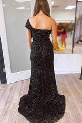 Black Sequin Prom Dresses One Shoulder Long Formal Evening Dresses MyChicDress