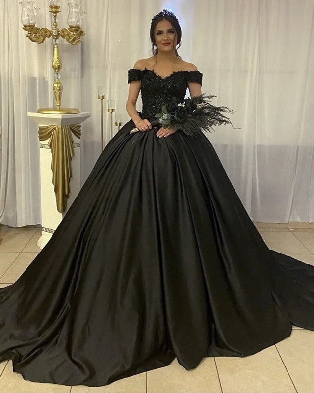 Black Wedding Dresses Gothic Ball Gown Off the Shoulder Bridal Dress MyChicDress