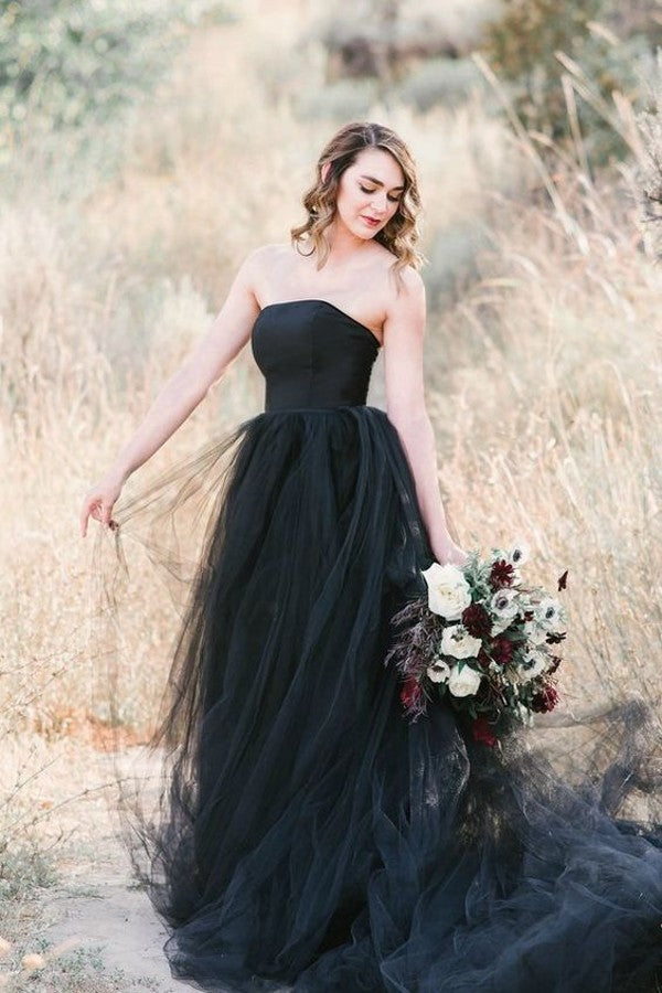 Black Wedding Dresses UK Strapless with Detachable Train MyChicDress