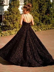 A Line Black 2024 Sequin Prom Dresses UK Long V Neck Formal Evening Gown