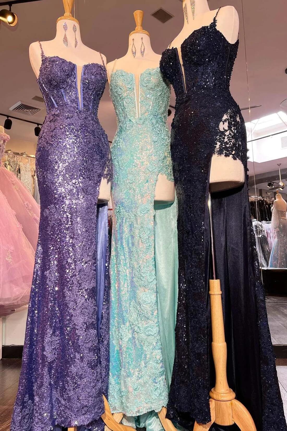 Blue 2025 Sequins Long Prom Dress Lace Spaghetti Straps Formal Dress with Slit MyChicDress