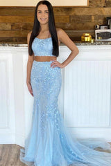 Blue Lace 2 Piece Prom Dresses 2025 Long Mermaid Evening Gowns MyChicDress