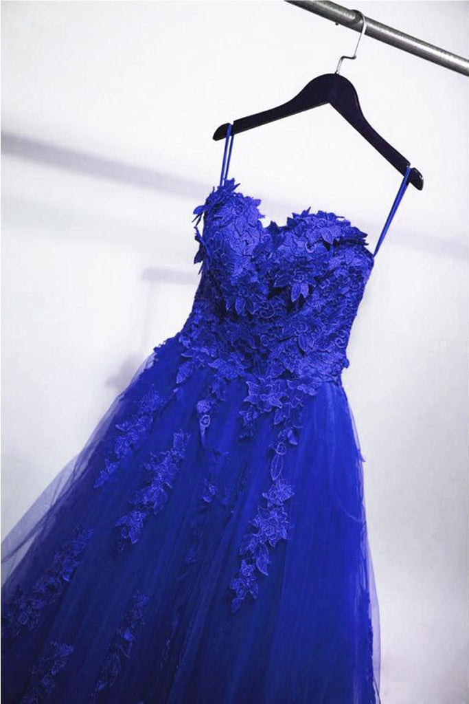 Blue Lace Floral Prom Dresses Tulle Applique Sweetheart Ball Gown Formal Dresses MyChicDress