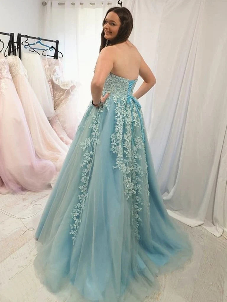 Blue Lace Prom Dresses Sweetheart Strapless Long Graduation Evening Dresses MyChicDress