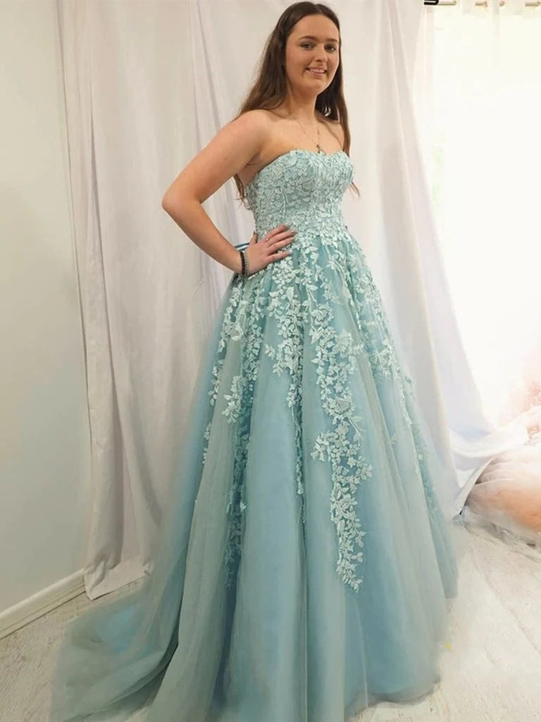 Blue Lace Prom Dresses Sweetheart Strapless Long Graduation Evening Dresses MyChicDress