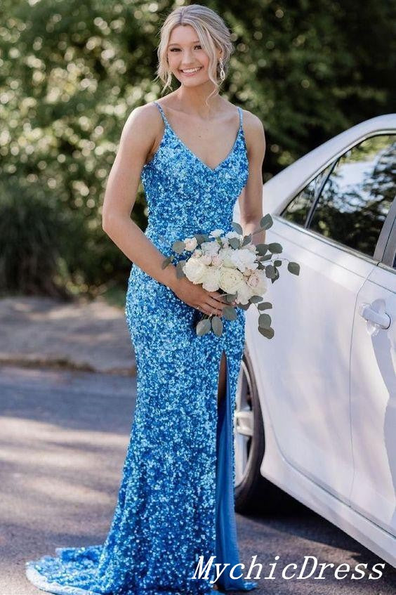 Blue Prom Dresses 2025 Mermaid Long V Neck Sequin Evening Dress MyChicDress