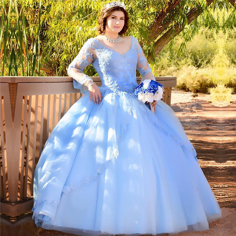 Blue V-neck 15 Dresses Illusion Long-Sleeves Quinceanera Dresses MyChicDress