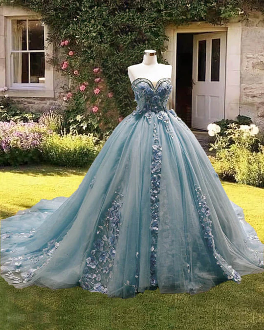 Gorgeous Sweetheart Blue Ball Gown Quinceanera Dress Strapless with 3D Flowers