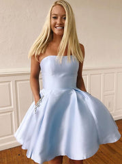 A Line Sky Blue Short Homecoming Dresses Strapless Pockets