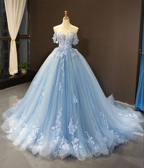 Blue Lace Tulle Off Shoulder Prom Dresses Evening Party Dress