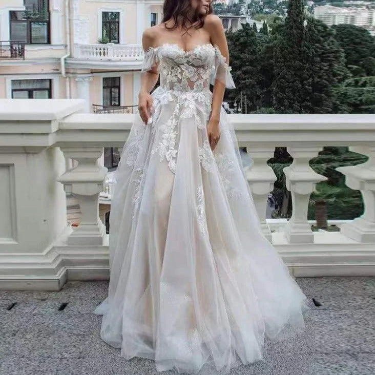 Bohemian Lace Wedding Dresses Tulle Illusion Applique Sweep Train Gown MyChicDress