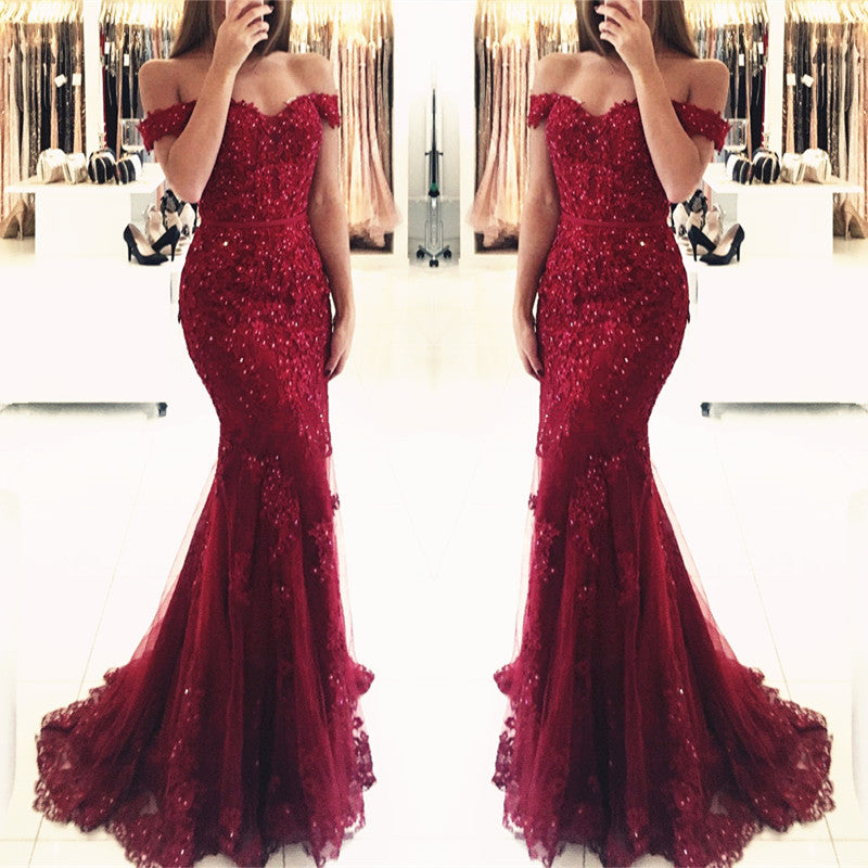 Burgundy Lace Prom Dresses Mermaid Appliques Off-the-shoulder - MyChicDress