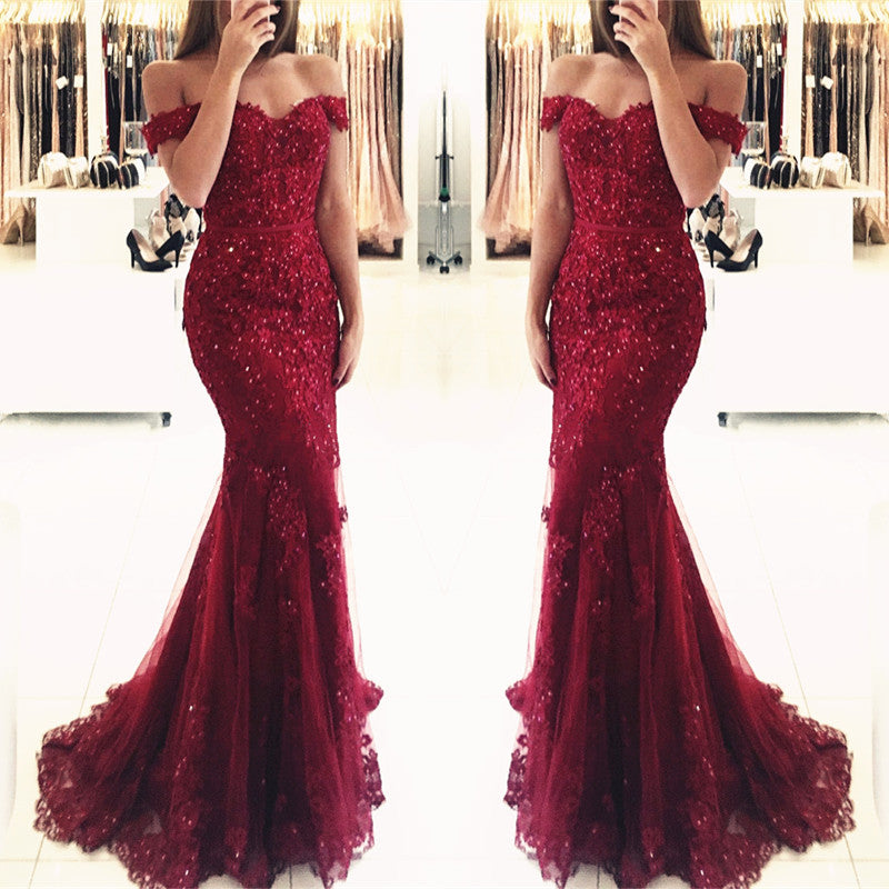 Burgundy Lace Prom Dresses Mermaid Appliques Off-the-shoulder - MyChicDress