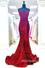 Burgundy Long Sequin Prom Dresses 2025 Sweetheart Mermaid Formal Gown MyChicDress