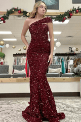 Burgundy Sequin One Shoulder Prom Dresses 2025 Mermaid Long Formal Dress MyChicDress