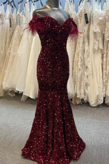 Burgundy Sequin Plus Size Prom Dresses Mermaid Feather MyChicDress