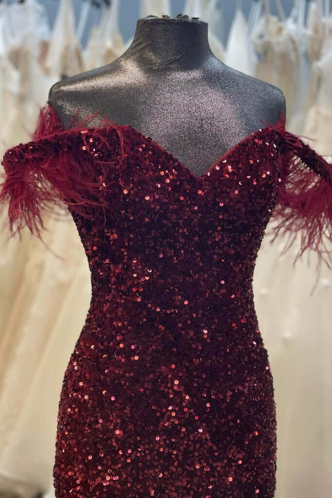 Burgundy Sequin Plus Size Prom Dresses Mermaid Feather MyChicDress