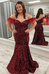 Burgundy Sequin Plus Size Prom Dresses Mermaid Feather MyChicDress