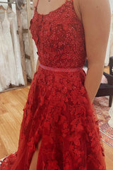 Burgundy Square Neck A-Line Prom Dresses Lace Appliques Formal Gown with Slit MyChicDress