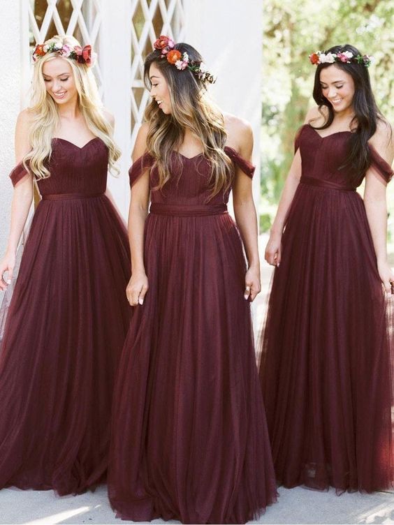 Burgundy Tulle Bridesmaid Dresses Off the Shoulder Wedding Party Dress MyChicDress