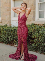 Long Mermaid V Neck Burgundy Sequin Prom Dresses 2024 Sleeveless