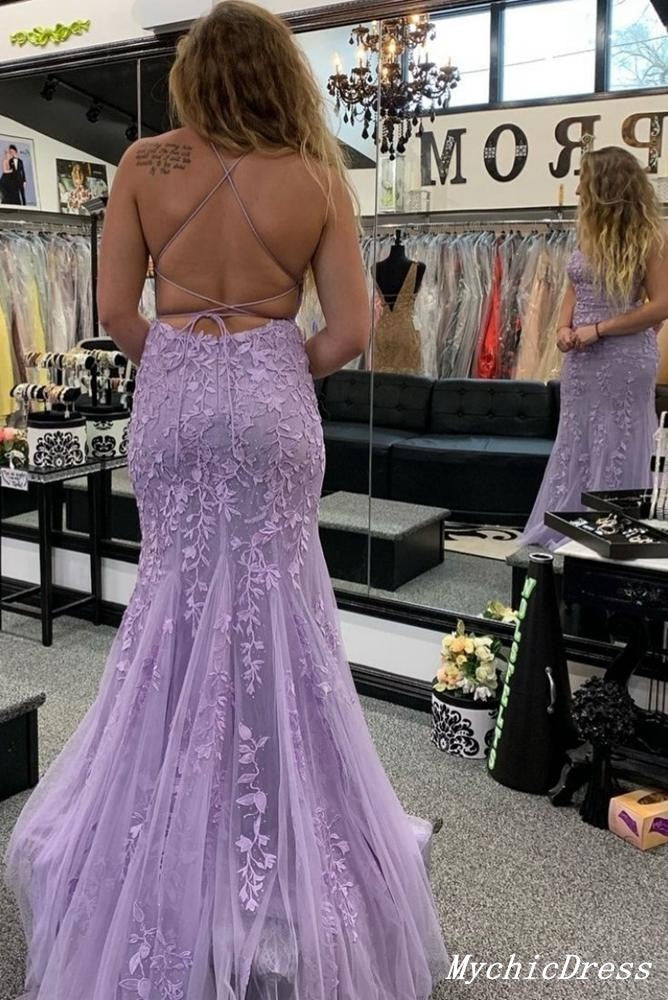 Cheap 2025 Lilac Lace Prom Dresses UK Long Mermaid Eveing Formal Dresses MyChicDress