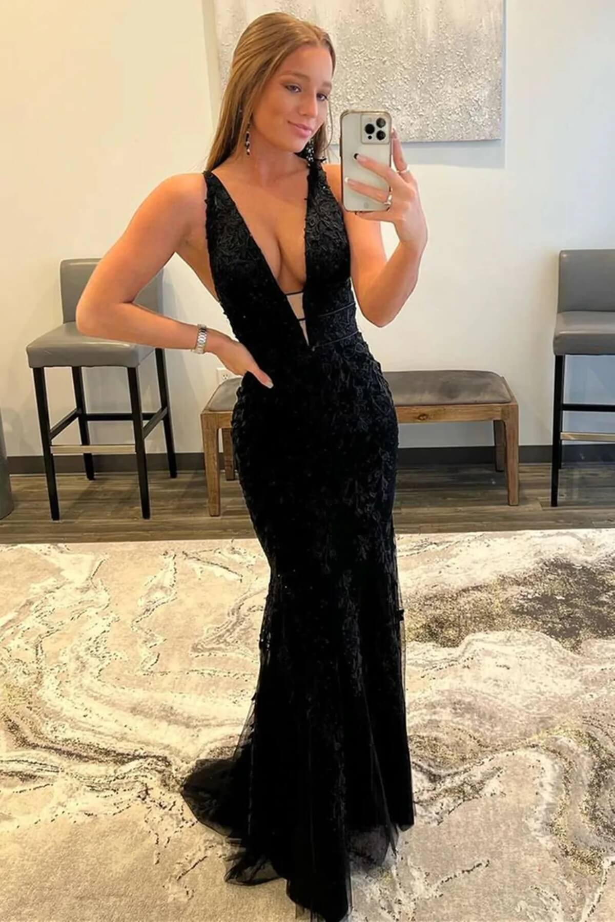 Cheap 2025 Long Black Lace Prom Dresses V Neck Backless Mermaid Formal Dresses MyChicDress