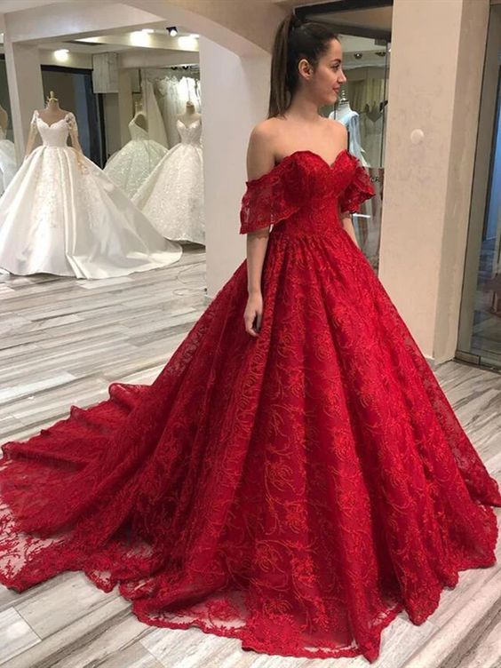 Cheap 2025 Off The Shoulder Lace Prom Dresses Red Long Party Dresses MyChicDress