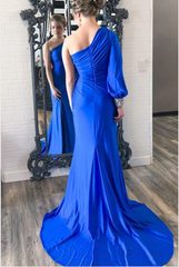 Cheap 2025 One Shoulder Prom Dresses Royal Blue Long Sleeve Party Dress MyChicDress