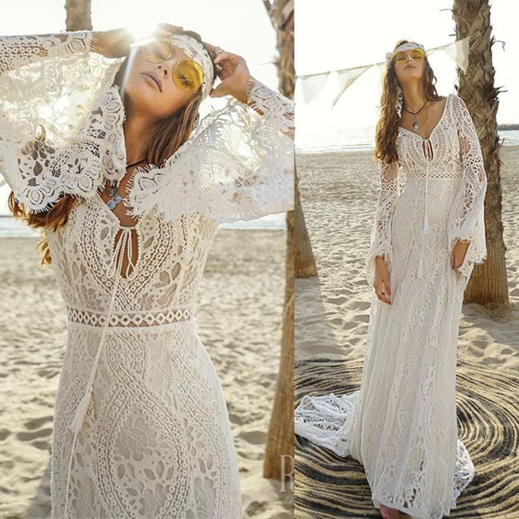 Cheap Boho Puff Sleeve Wedding Dresses Lace Mermaid Bridal Gown MyChicDress